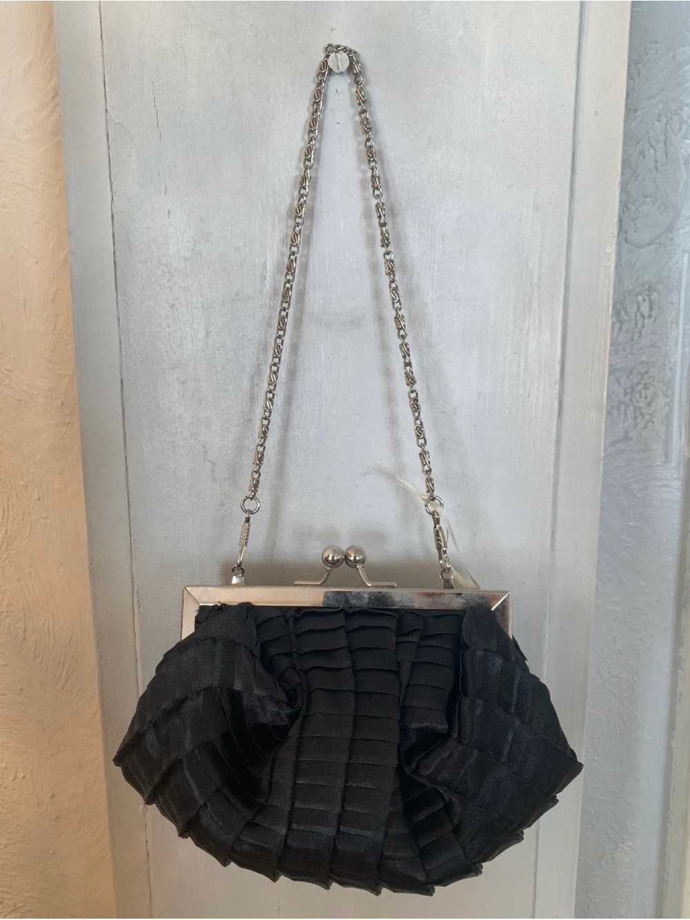 Vintage 1980’s Bijoux Terner Black Evening Bag With Silver Tone Metal Strap
